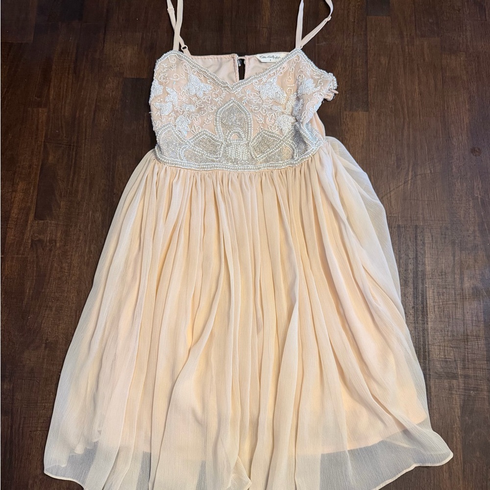 Blush Spaghetti-Strap Party Dress with Beaded Lace Bodice